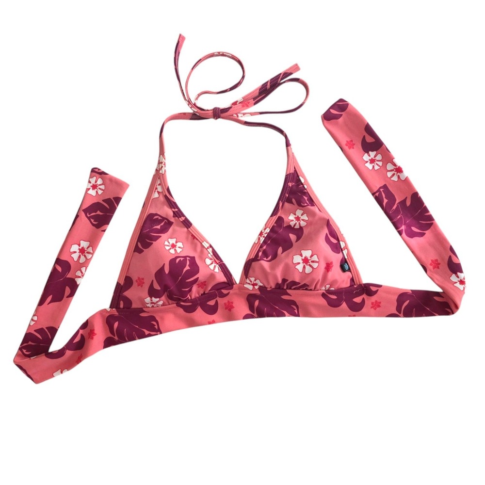Y2K La Vie En Rose Aqua Swim Pink Hibiscus Tie Halter Triangle Bikini Top Medium